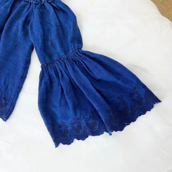 SOLD American Eagle Off Shoulder Blue Chambray Floral Eyelet Bell Sleeve Top S - Picture 9 of 11